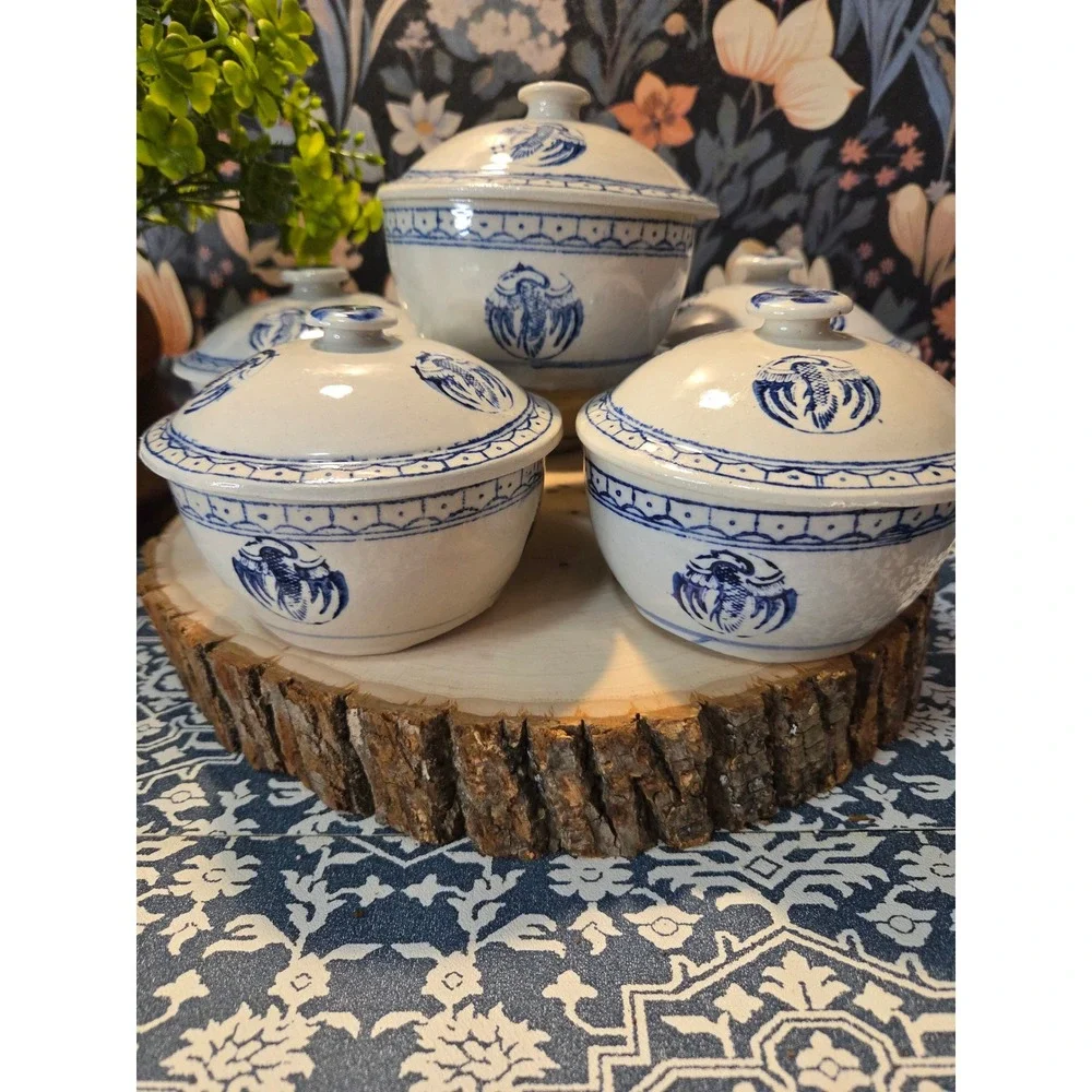 MCM Blue White Porcelain Rice Bowls‎ with Lids Set of 5 Foo Dog Crane Motif